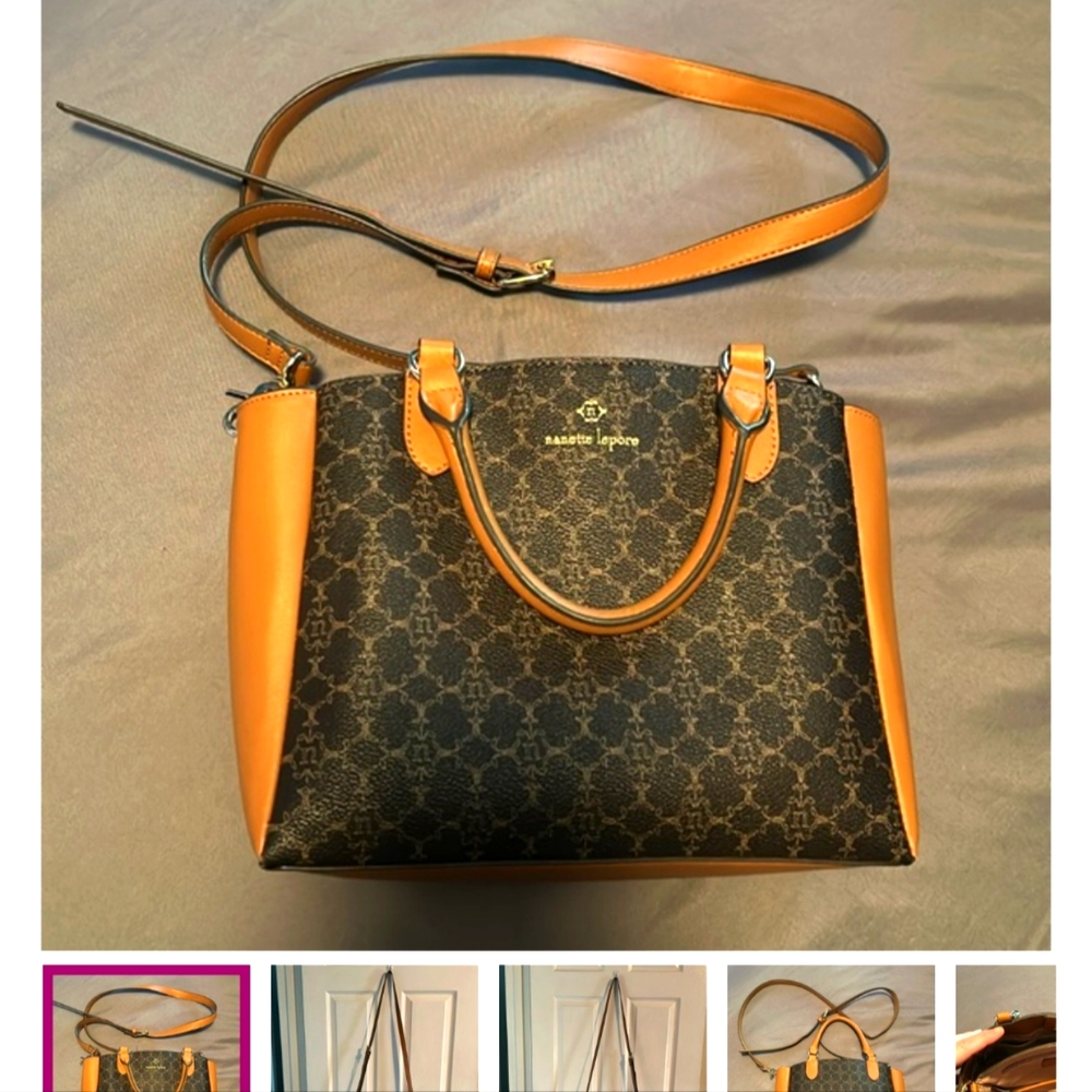nanette lepore 3 in 1 crossbody/ hand held brown and tan leather bag